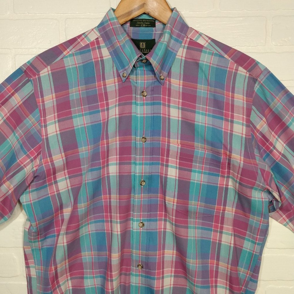 Nordstrom men's pink lavender plaid long sleeve button shirt Medium